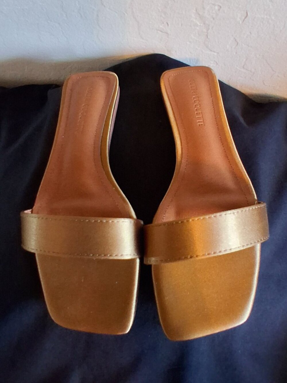 Cult of Coquette. Ellie Olive satin flat slide. Size 6 1/2.